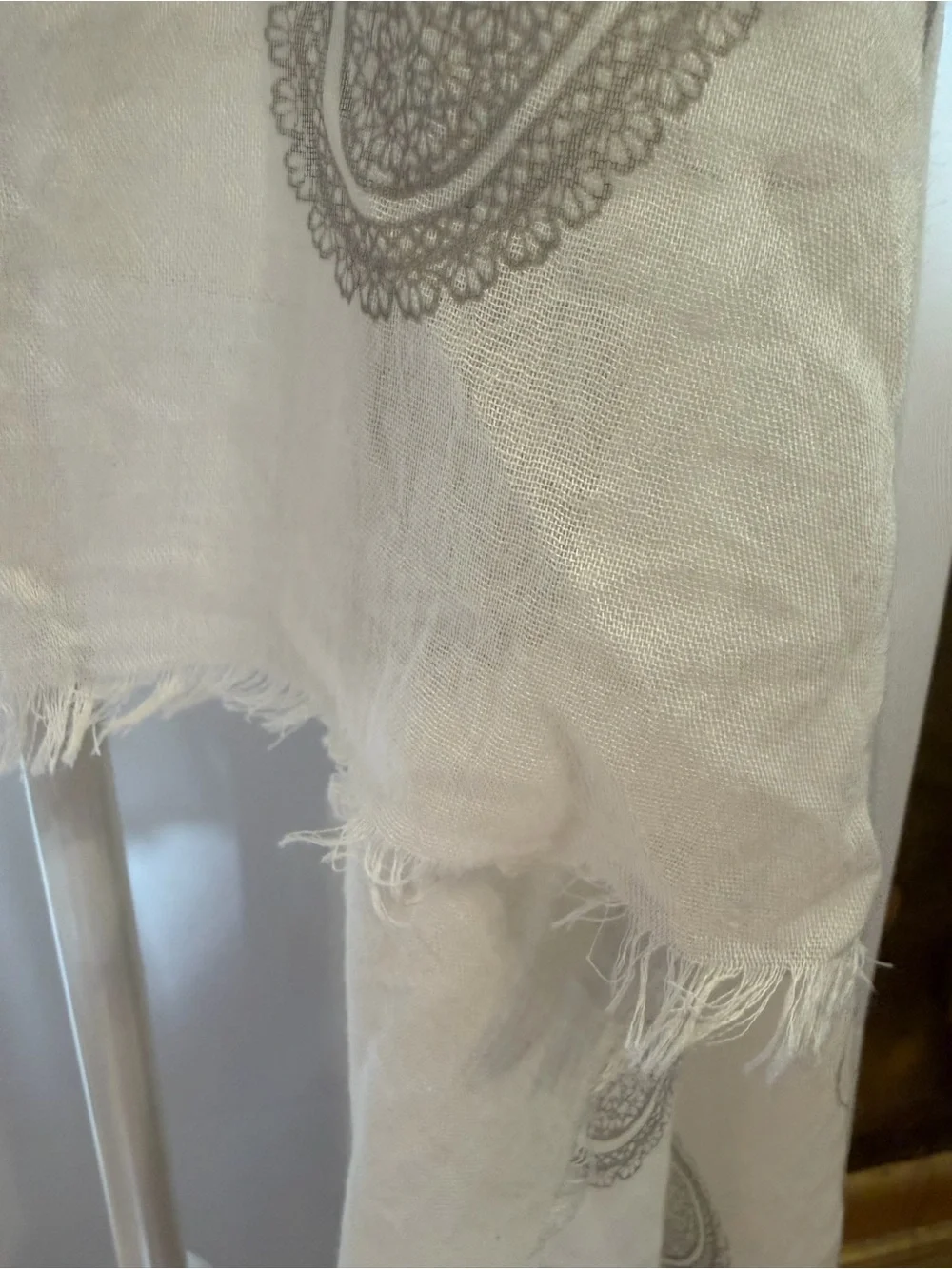 Cream & Gray Heart Pattern Lightweight Sheer Shawl. Scarf, Poncho, Cardigan Wrap